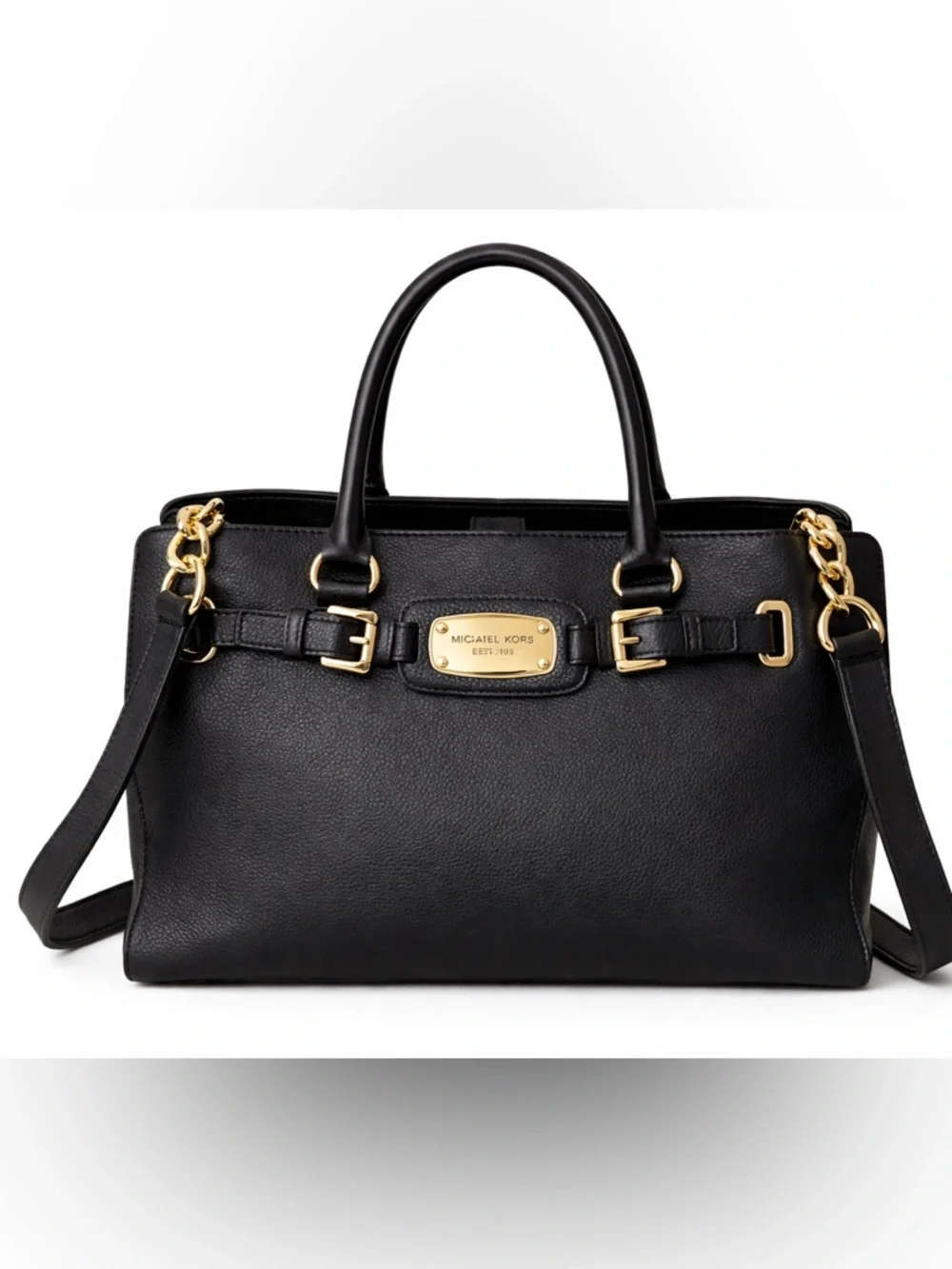 Michael Kors Black Leather Satchel Gold Hardware Shoulder Bag Crossbody - Picture 2 of 14